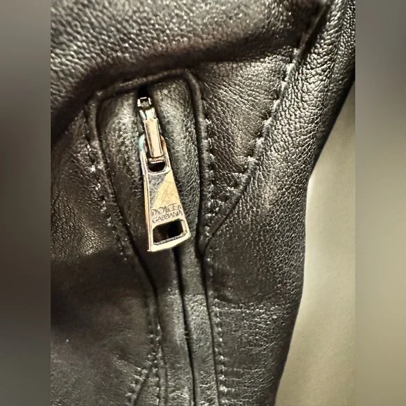 Dolce & Gabbana Black Leather Jacket with Polka Dot Lining